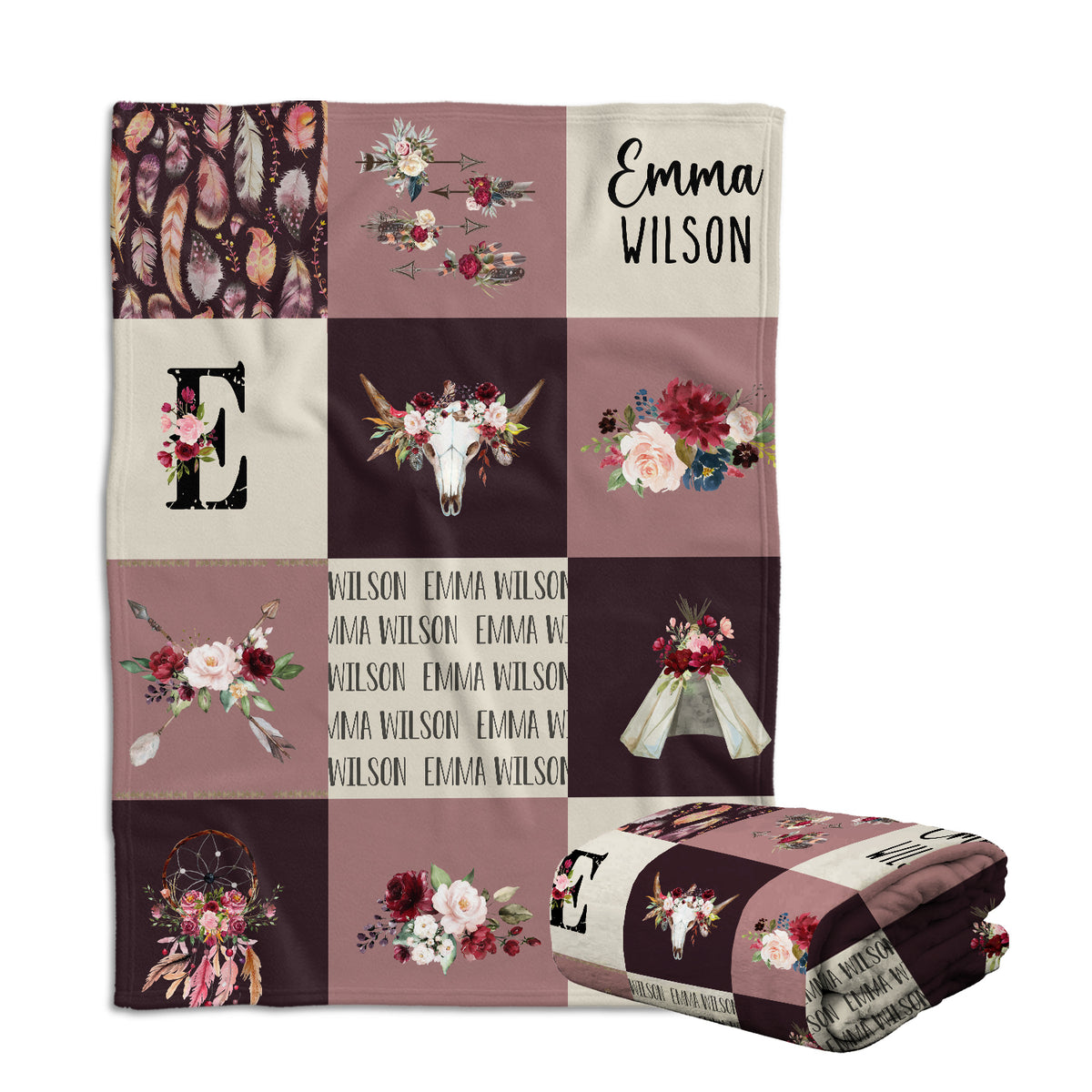 Personalized Baby Blankets, Cowboy Baby Blanket Name, Swaddle Blanket with Cow Skull Arrow Flowers for Crib Stroller Bed
