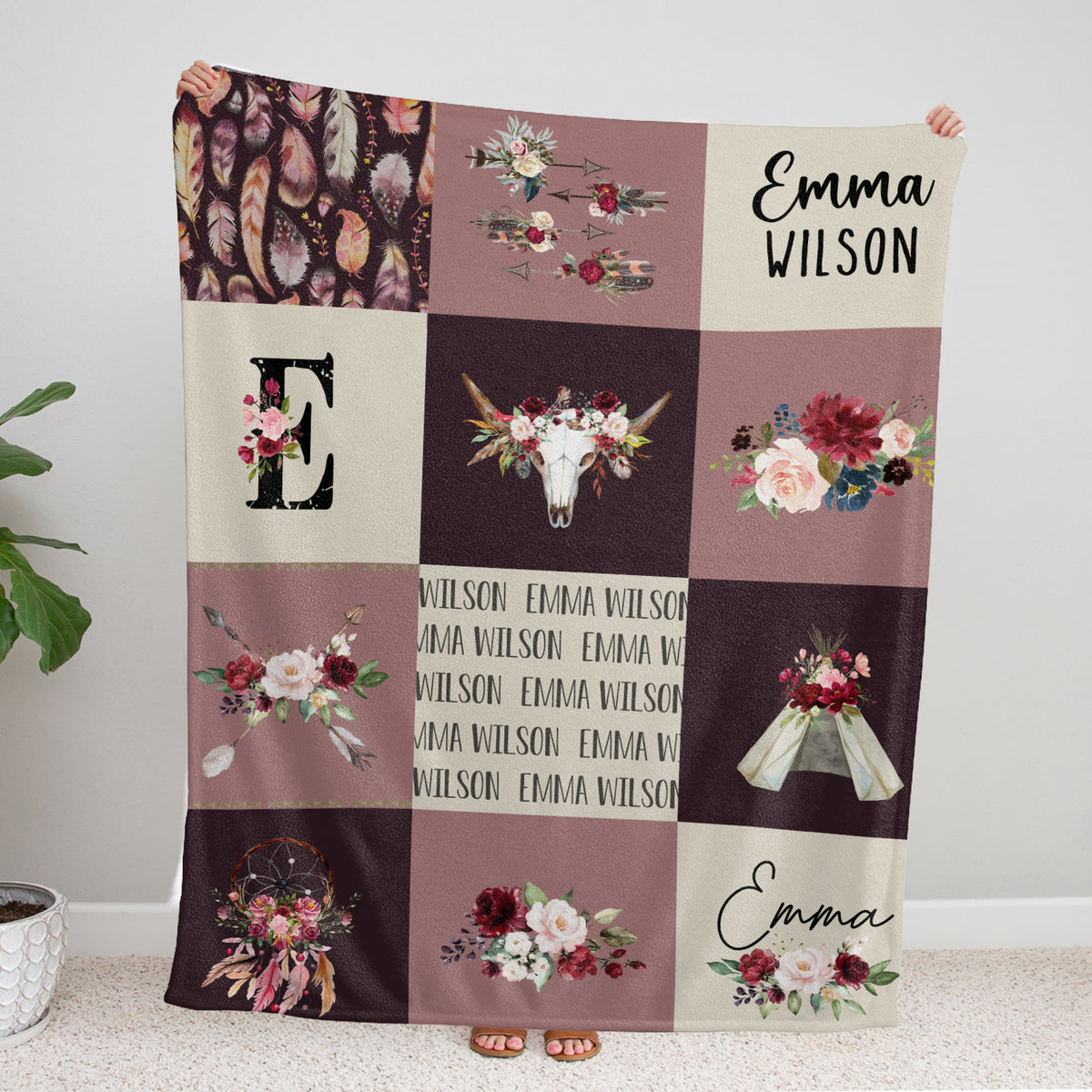 Personalized Baby Blankets, Cowboy Baby Blanket Name, Swaddle Blanket with Cow Skull Arrow Flowers for Crib Stroller Bed