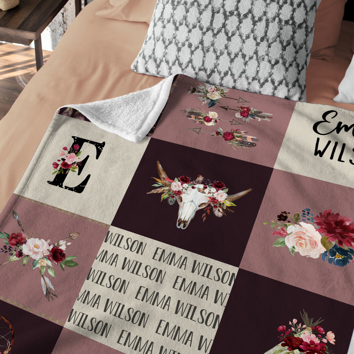 Personalized Baby Blankets, Cowboy Baby Blanket Name, Swaddle Blanket with Cow Skull Arrow Flowers for Crib Stroller Bed
