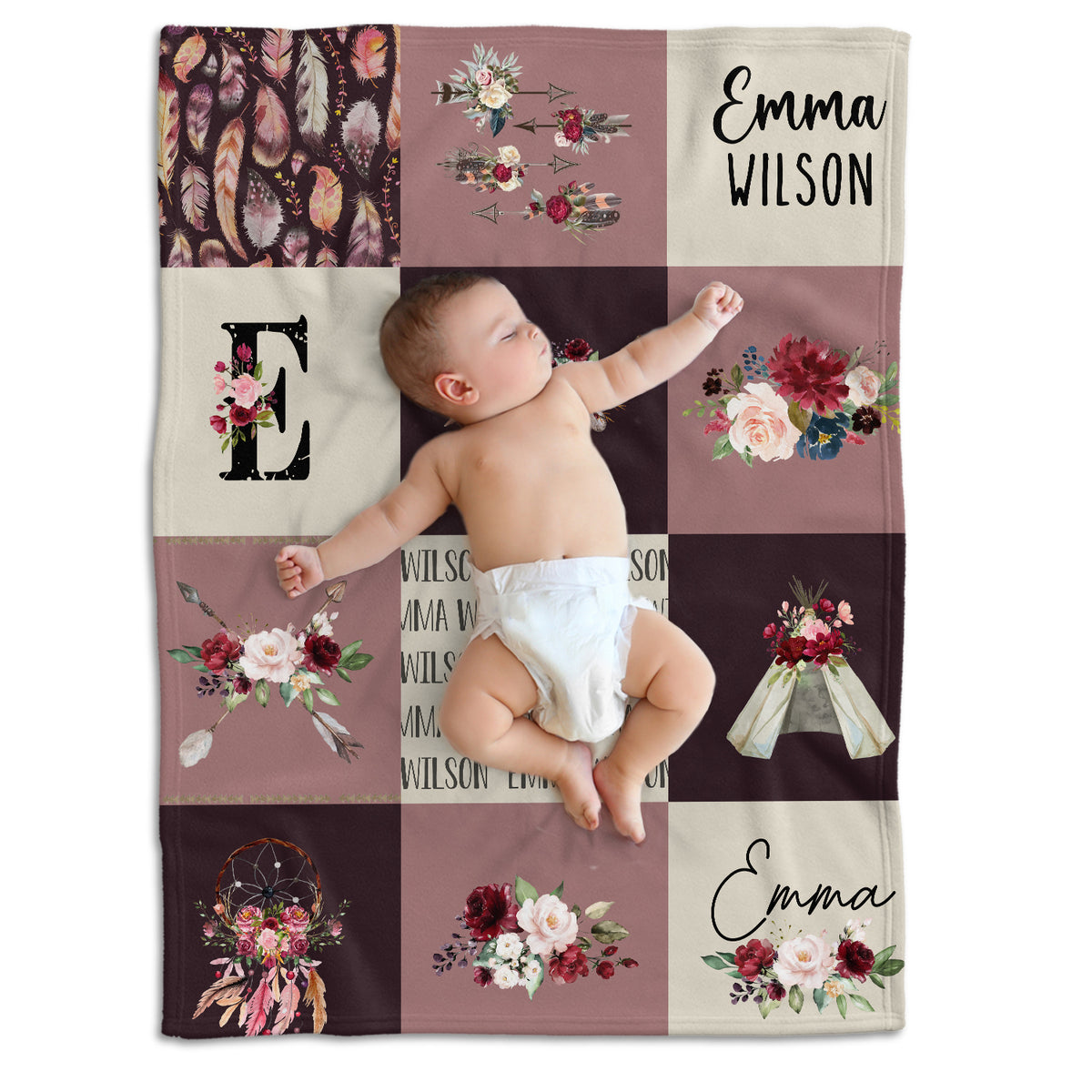 Personalized Baby Blankets, Cowboy Baby Blanket Name, Swaddle Blanket with Cow Skull Arrow Flowers for Crib Stroller Bed