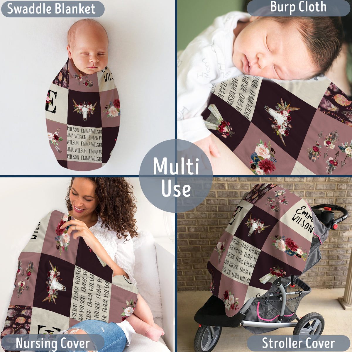 Personalized Baby Blankets, Cowboy Baby Blanket Name, Swaddle Blanket with Cow Skull Arrow Flowers for Crib Stroller Bed