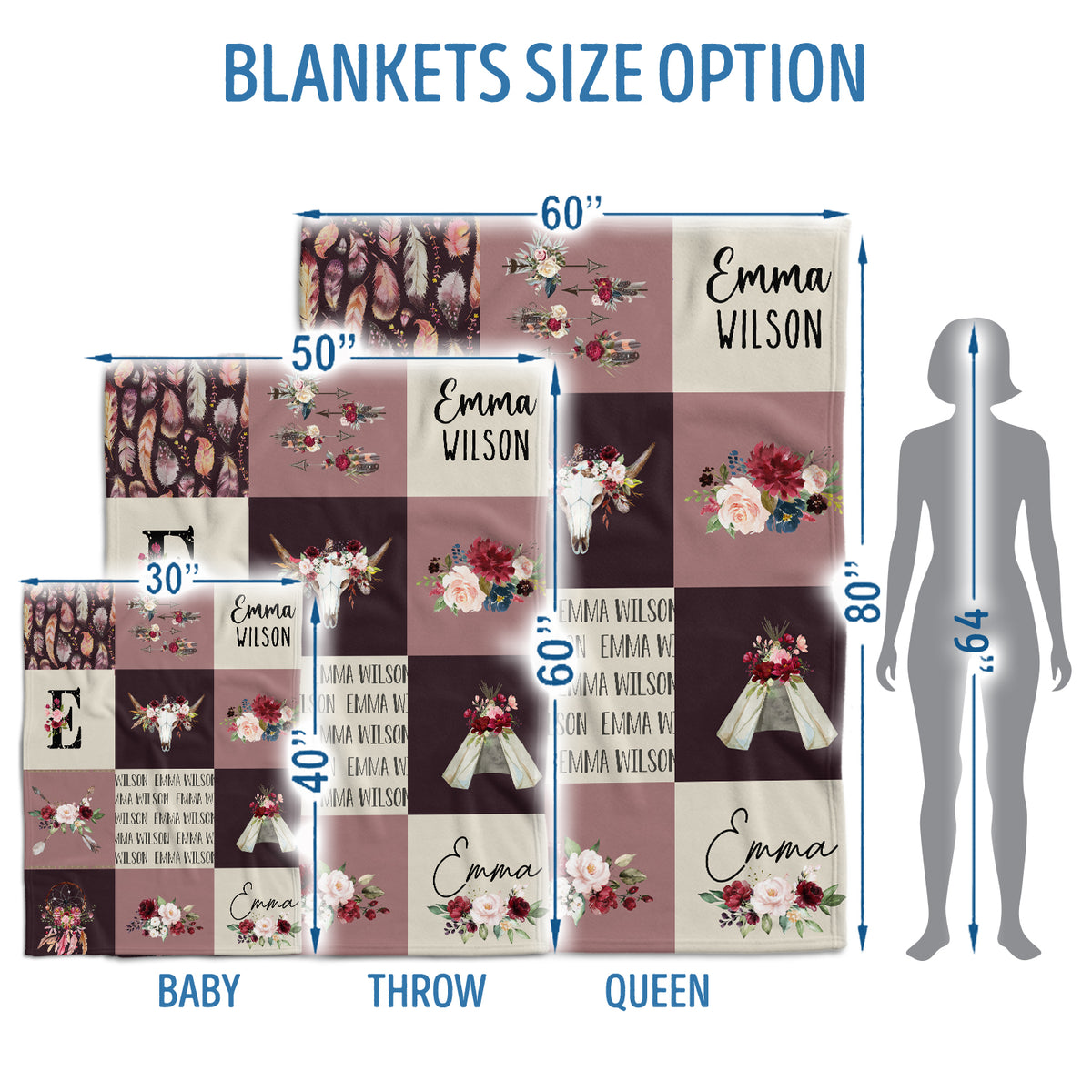 Personalized Baby Blankets, Cowboy Baby Blanket Name, Swaddle Blanket with Cow Skull Arrow Flowers for Crib Stroller Bed