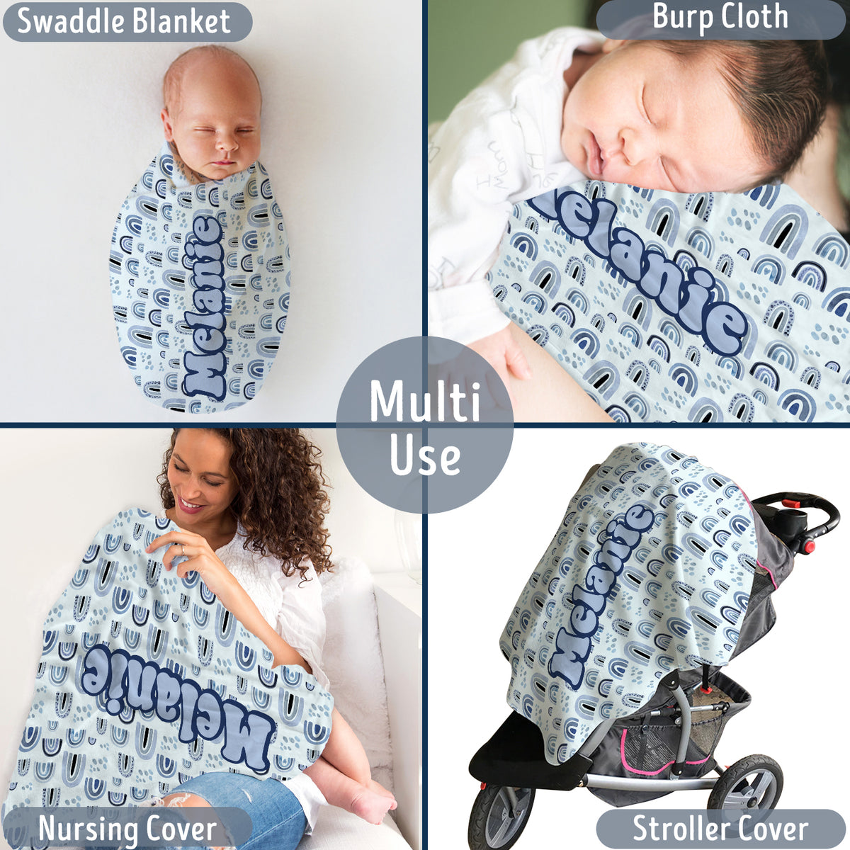 Personalized Baby Blankets, Custom Baby Rainbow Blanket Blue, Plush Blankets for Newborn Infant Daughter Granddaughter Toddlers Kids