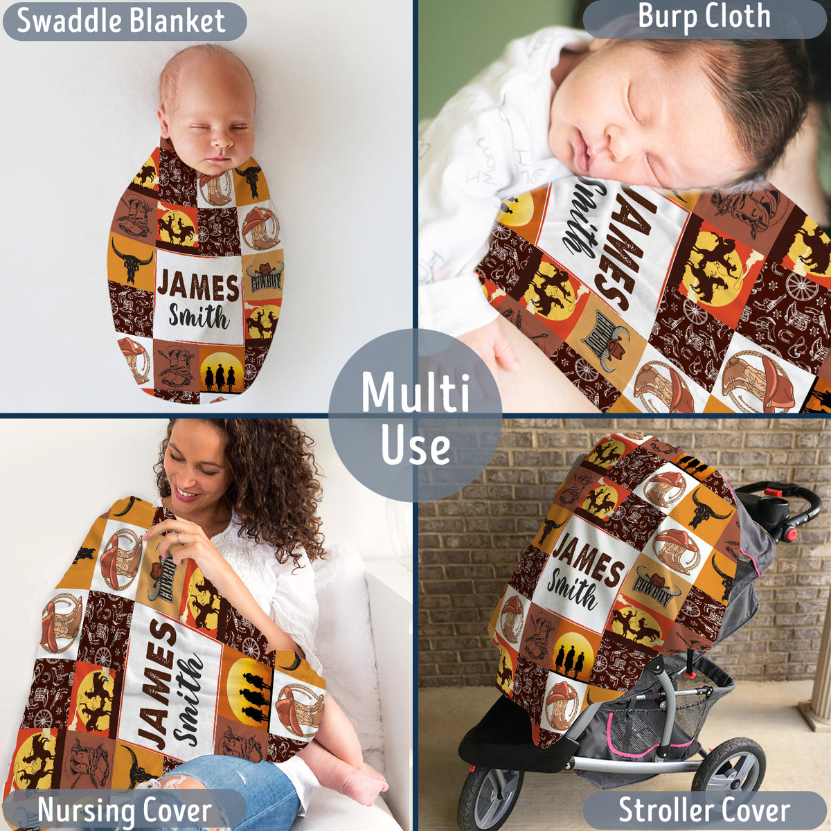 Personalized Baby Blankets - Custom Name, Cowboy Western Theme, 3 Sizes (Infant to Toddler), Fleece for Boys & Girls