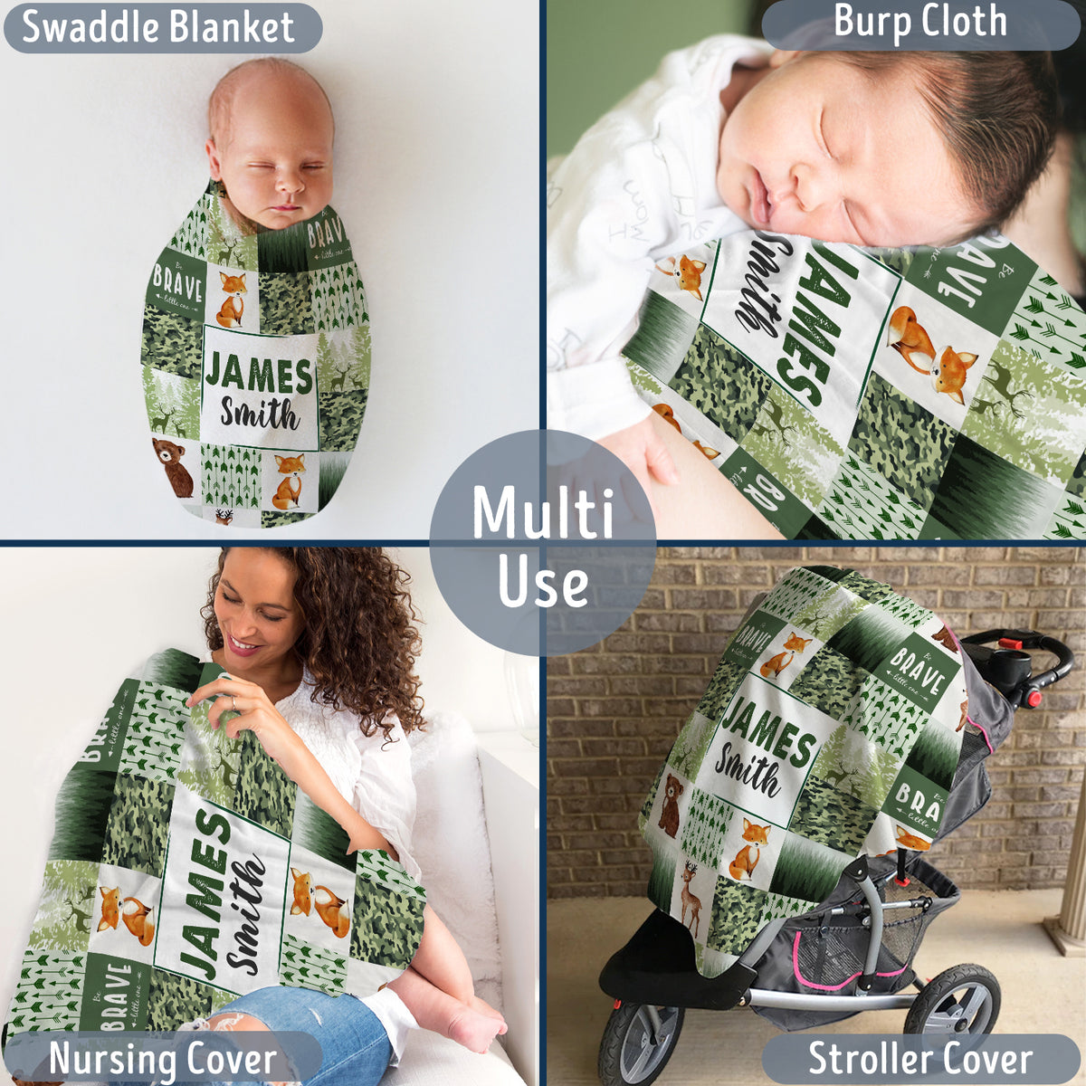 Personalized Baby Blankets, Custom Woodland Baby Blanket Name, 3 Sizes Plush Blankets for Baby Boy Son Newborn Infant