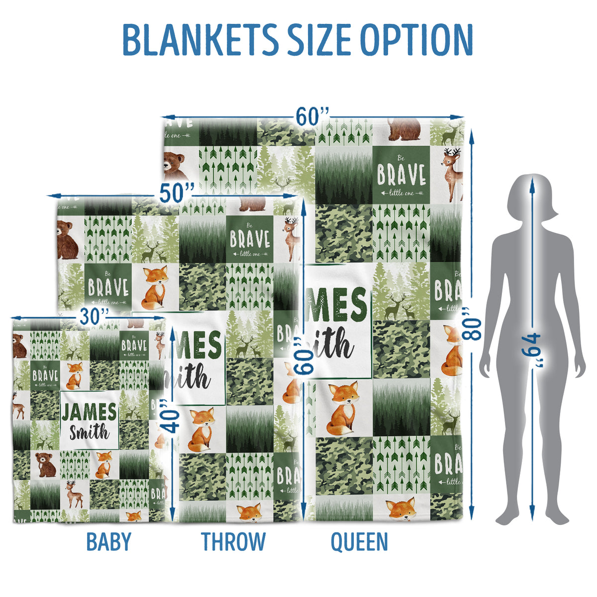 Personalized Baby Blankets, Custom Woodland Baby Blanket Name, 3 Sizes Plush Blankets for Baby Boy Son Newborn Infant