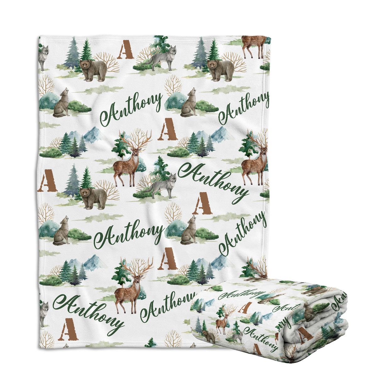 Personalized Baby Blankets, Deer Bear Wolf Swaddle Blanket, 3 Sizes Plush Blankets for Baby Boy Son Newborn