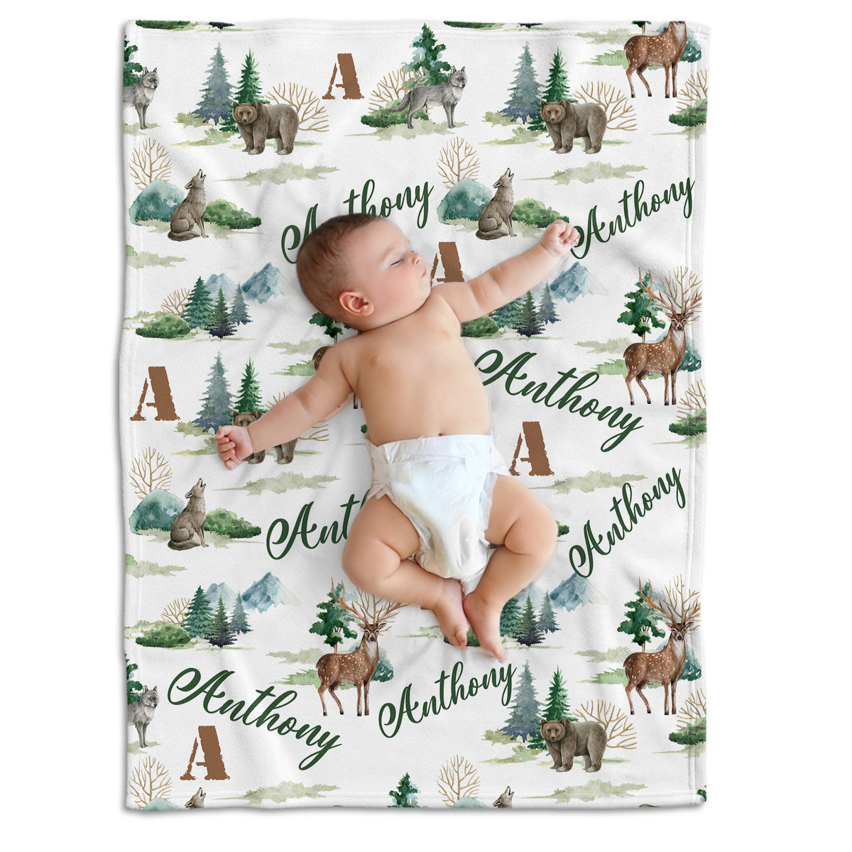 Personalized Baby Blankets, Deer Bear Wolf Swaddle Blanket, 3 Sizes Plush Blankets for Baby Boy Son Newborn