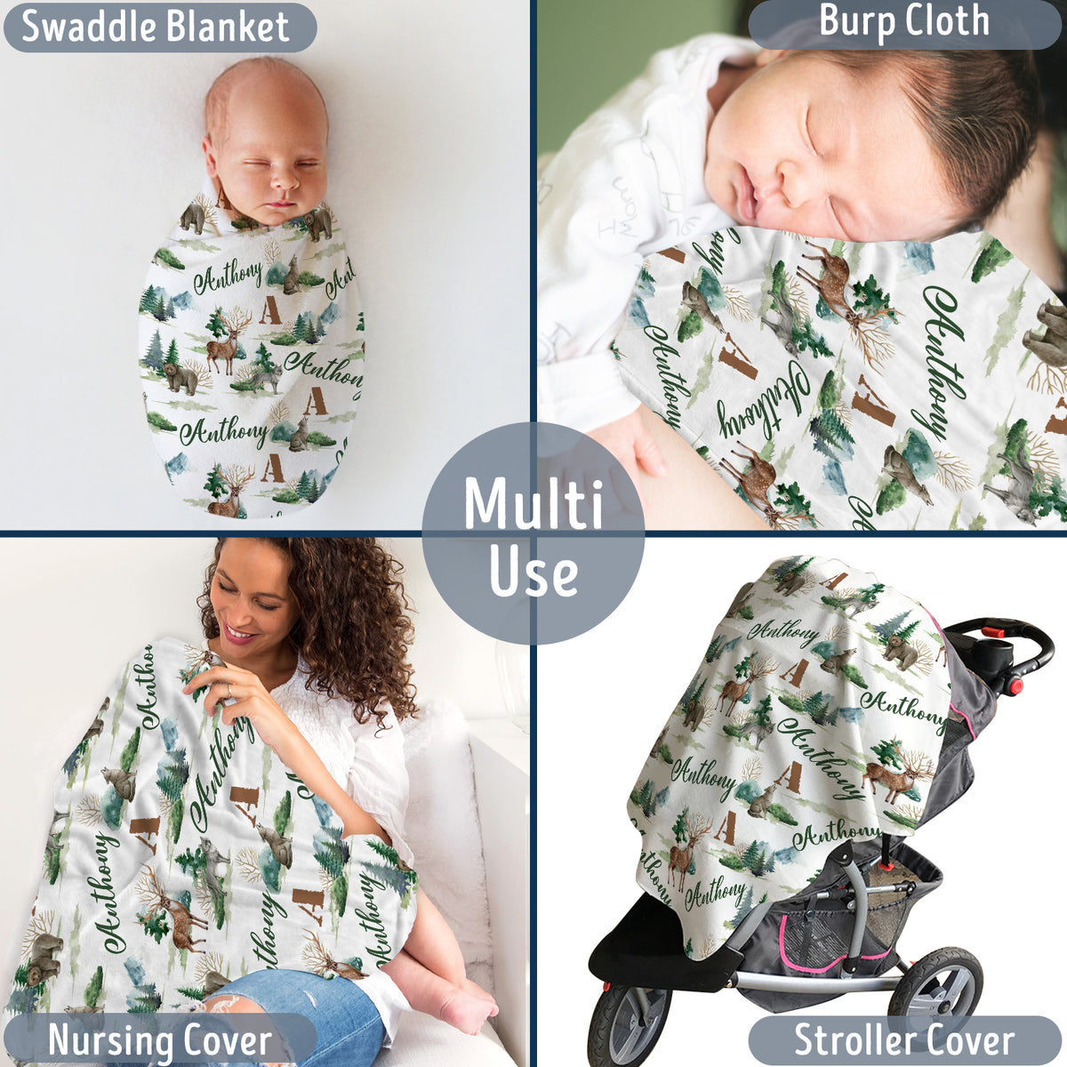 Personalized Baby Blankets, Deer Bear Wolf Swaddle Blanket, 3 Sizes Plush Blankets for Baby Boy Son Newborn