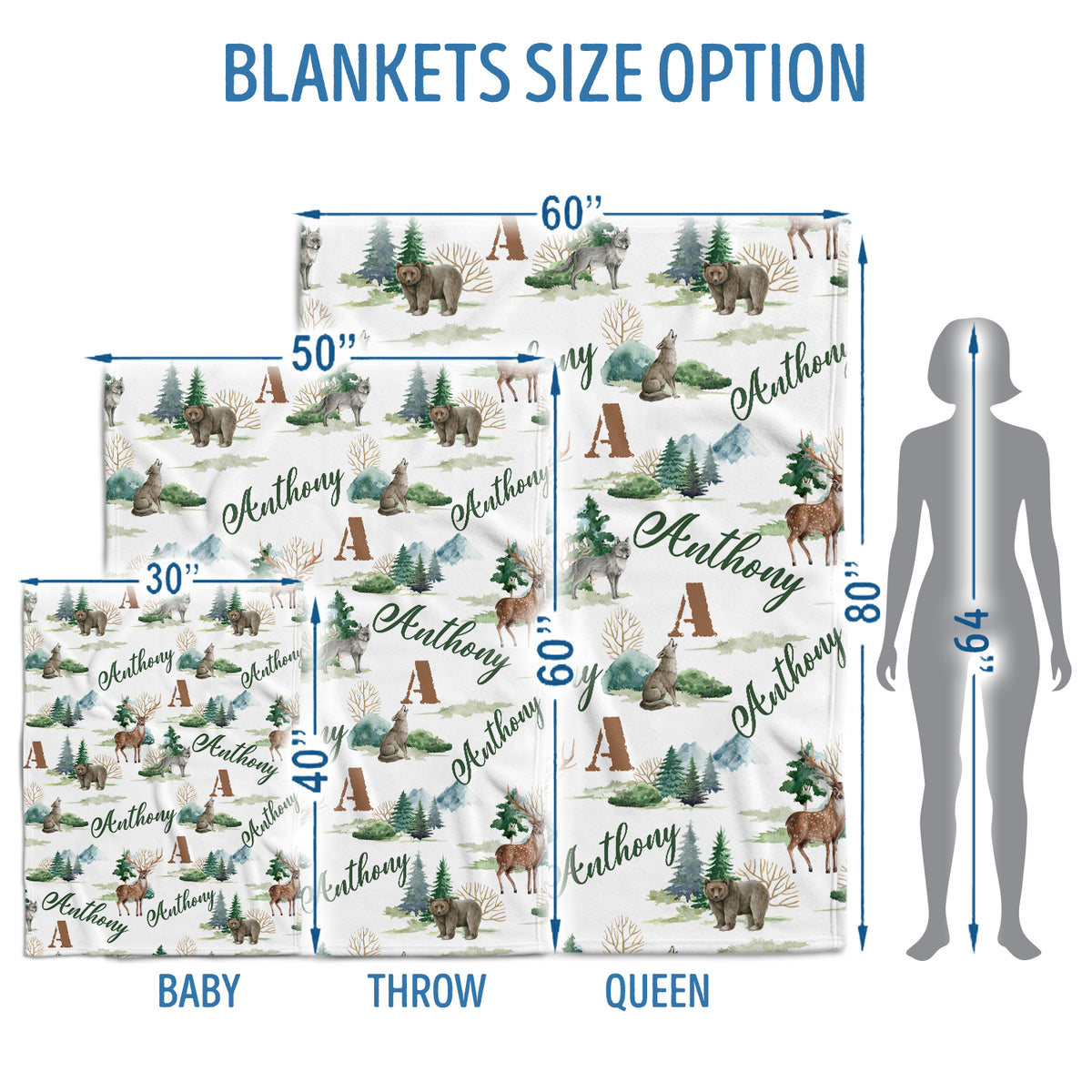 Personalized Baby Blankets, Deer Bear Wolf Swaddle Blanket, 3 Sizes Plush Blankets for Baby Boy Son Newborn