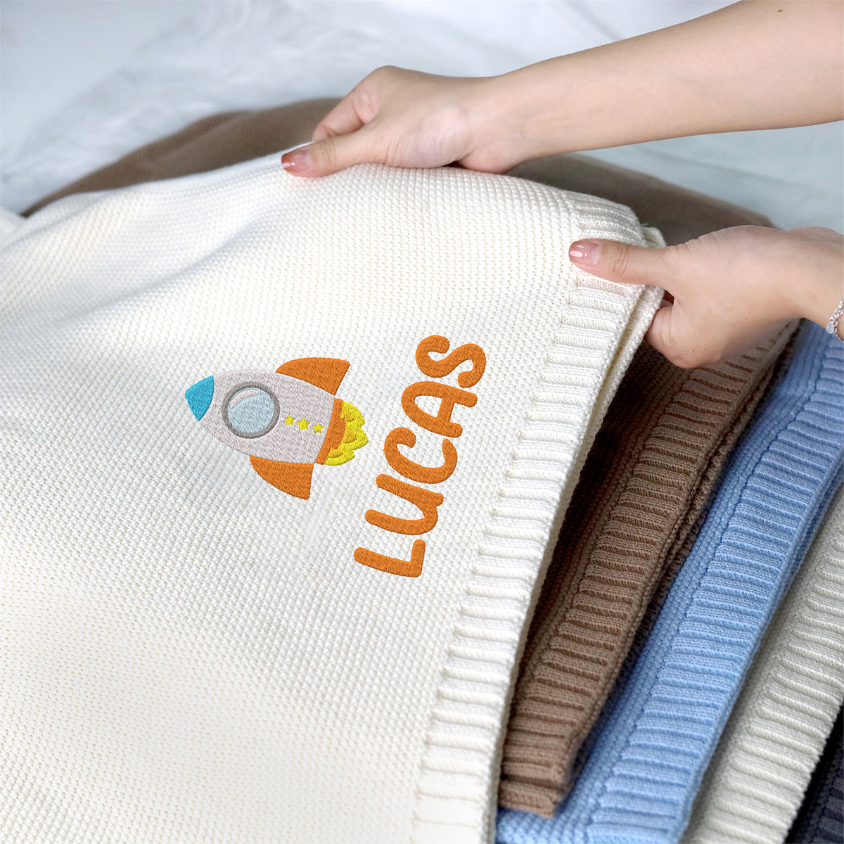 Personalized Baby Blankets Embroidered Name, Cotton Knit Embroidery Blanket, Great Gift For Baby