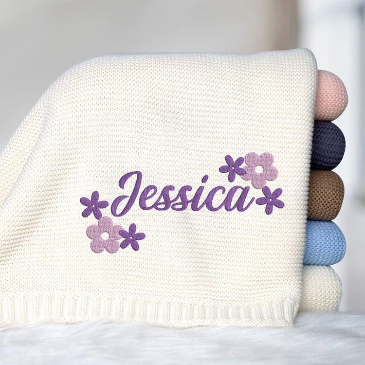 Personalized Baby Blankets Embroidered Name, Custom Baby Blankets for Boys Girls, Cotton Knit Embroidery Blanket