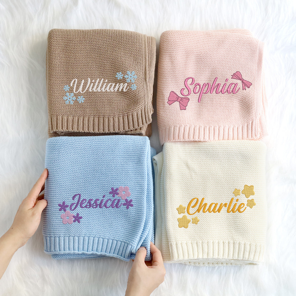 Personalized Baby Blankets Embroidered Name, Custom Baby Blankets for Boys Girls, Cotton Knit Embroidery Blanket