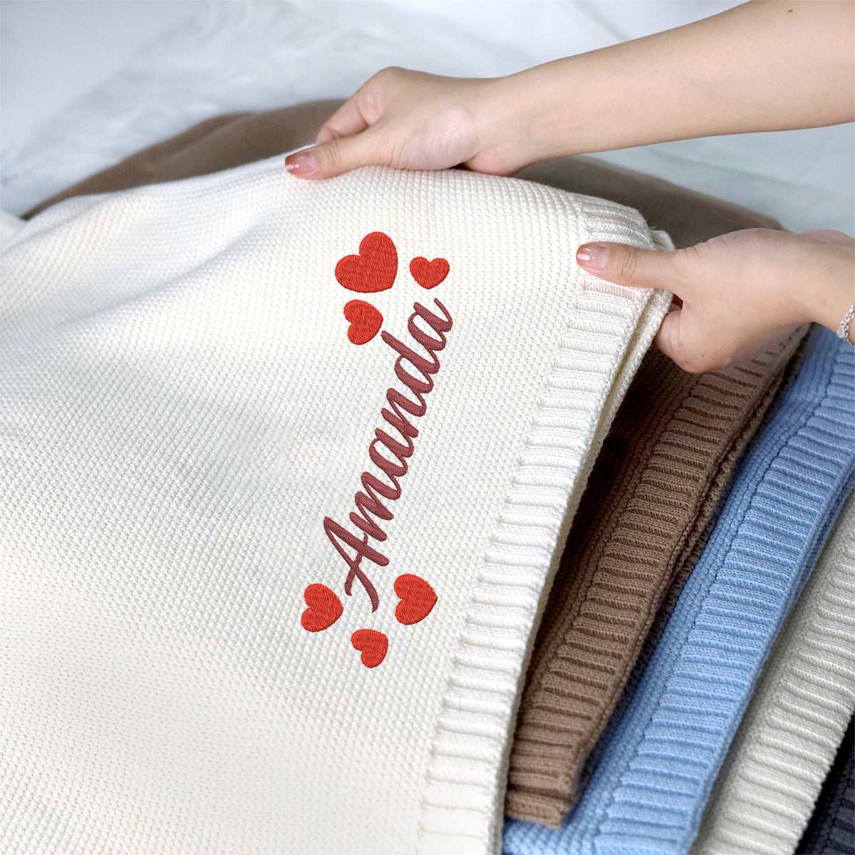 Personalized Baby Blankets Embroidered Name, Custom Baby Blankets for Boys Girls, Cotton Knit Embroidery Blanket