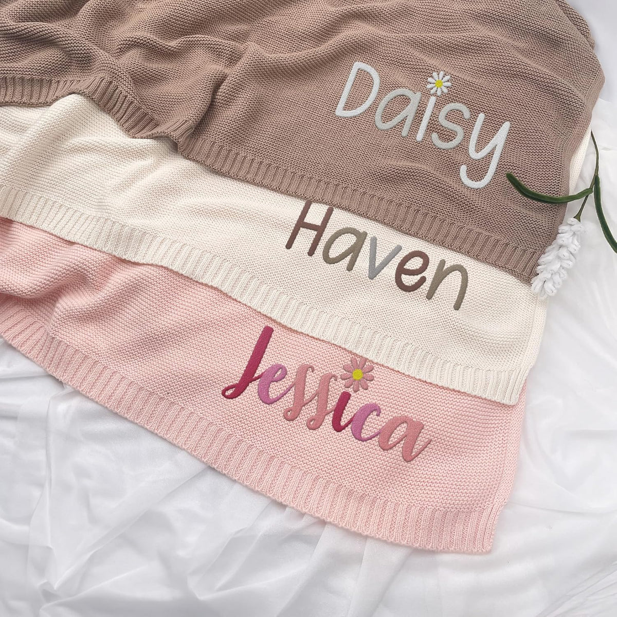 Personalized Baby Blankets Embroidered Name, Embroidered Baby Blankets for Boys Girls, Cotton Knit Embroidery Blanket
