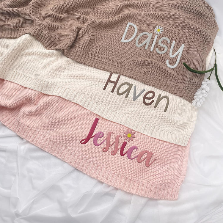 Personalized Baby Blankets Embroidered Name, Embroidered Baby Blankets for Boys Girls, Cotton Knit Embroidery Blanket
