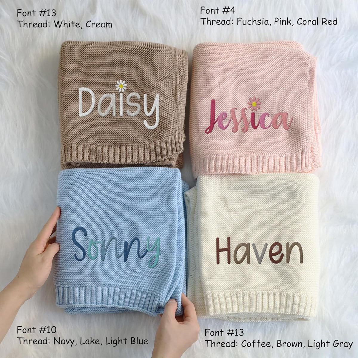 Personalized Baby Blankets Embroidered Name, Embroidered Baby Blankets for Boys Girls, Cotton Knit Embroidery Blanket