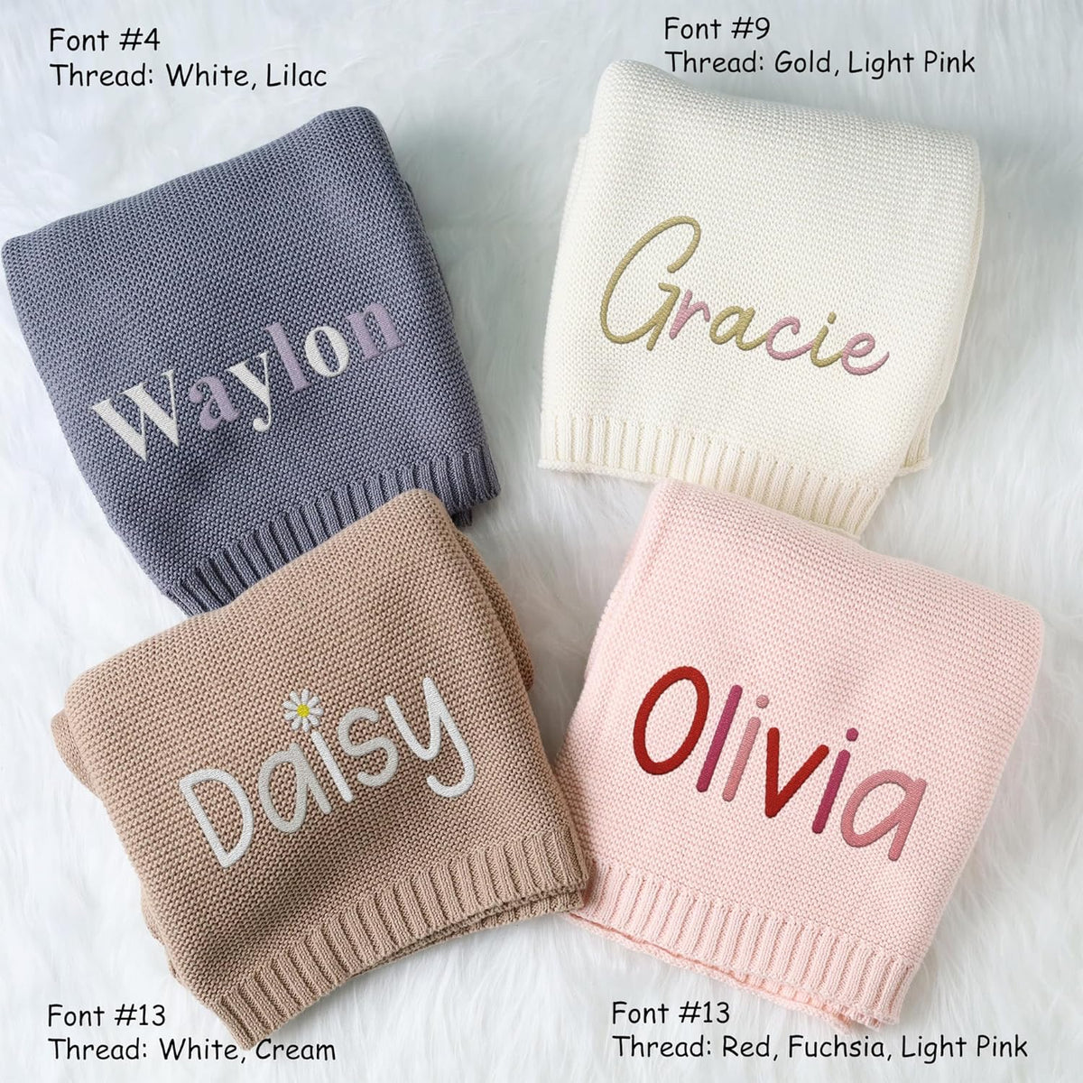 Personalized Baby Blankets Embroidered Name, Embroidered Baby Blankets for Boys Girls, Cotton Knit Embroidery Blanket