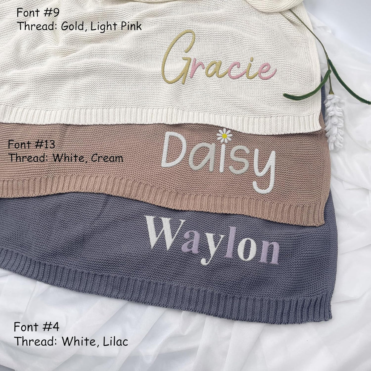 Personalized Baby Blankets Embroidered Name, Embroidered Baby Blankets for Boys Girls, Cotton Knit Embroidery Blanket