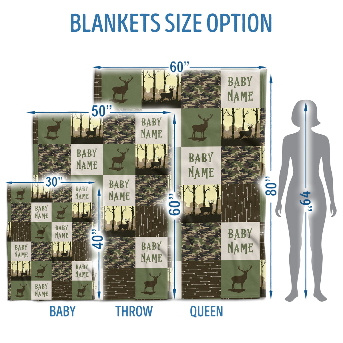 Personalized Baby Blankets Name, Baby Deer Camo Swaddle Blanket Girls, 3 Sizes Plush Blankets for Son Newborn Infant Son