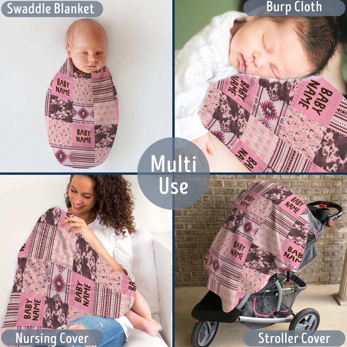 Personalized Baby Blankets, Pink Cowboy Baby Blankets, 3 Sizes Fleece Blankets for Infant Newborn Daughter Granddaughter Crib
