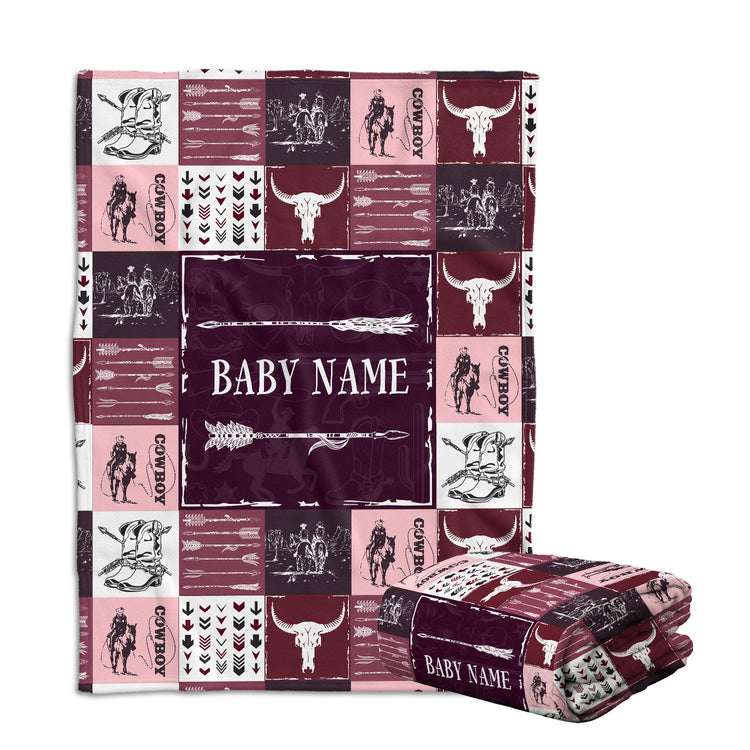 Personalized Baby Blankets - Red Cowboy Pattern, Fleece for Boys & Girls, Newborn to Infant