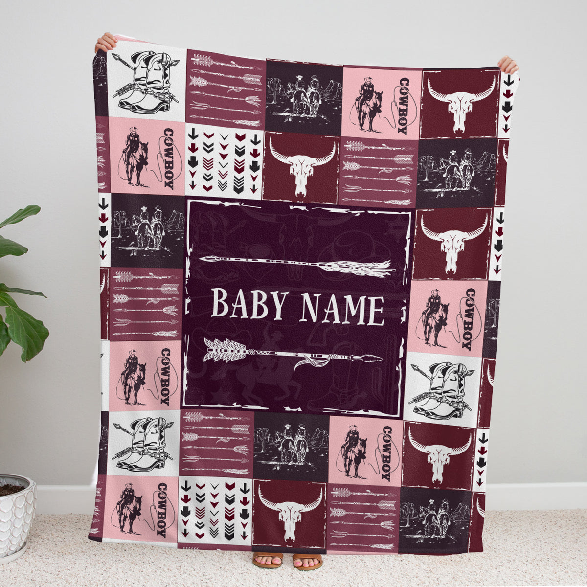 Personalized Baby Blankets - Red Cowboy Pattern, Fleece for Boys & Girls, Newborn to Infant