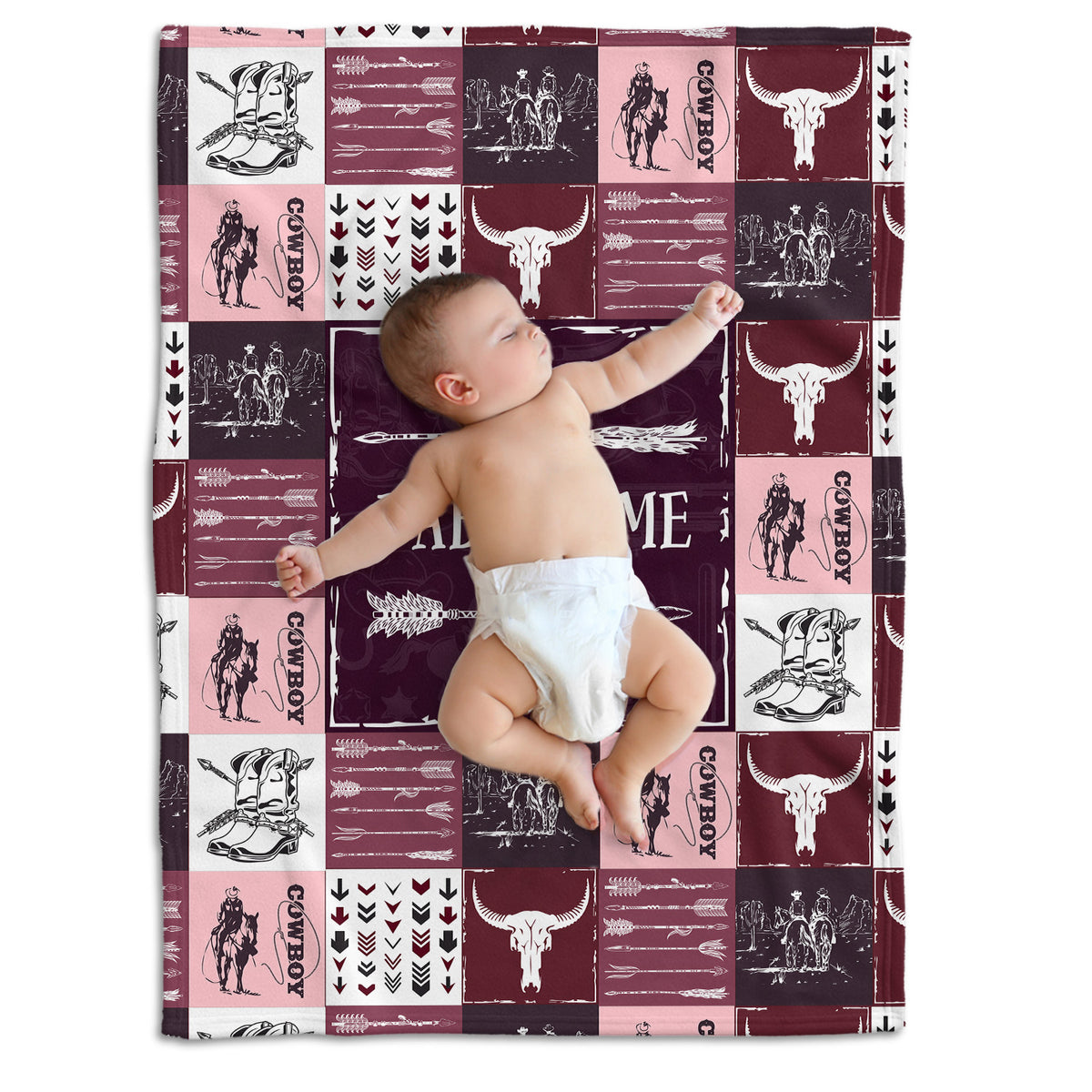 Personalized Baby Blankets - Red Cowboy Pattern, Fleece for Boys & Girls, Newborn to Infant