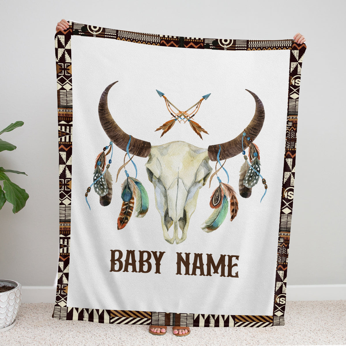 Personalized Baby Blankets, Skull Longhorn Custom Baby Blankets Name, Tribal Pattern Fleece Blankets for Newborn Infant, Gift For Baby