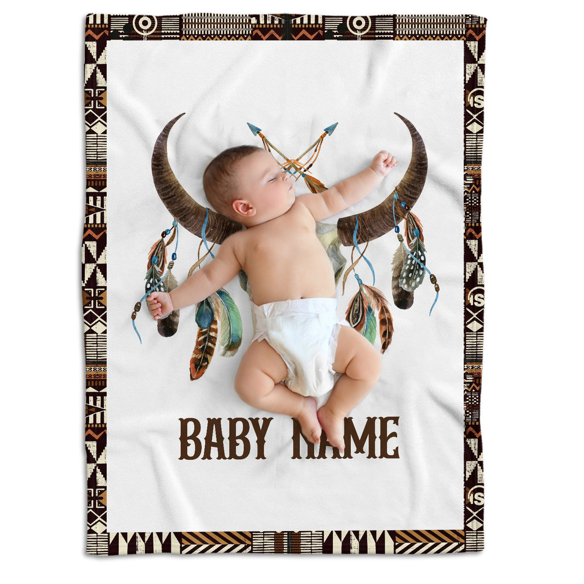 Personalized Baby Blankets, Skull Longhorn Custom Baby Blankets Name, Tribal Pattern Fleece Blankets for Newborn Infant, Gift For Baby