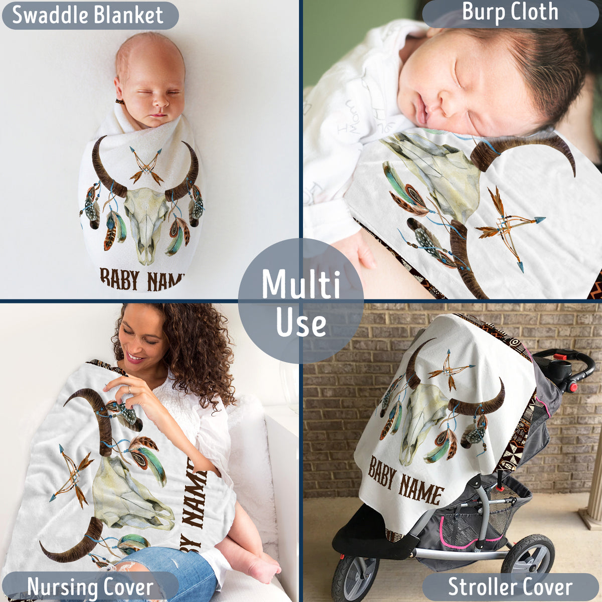 Personalized Baby Blankets, Skull Longhorn Custom Baby Blankets Name, Tribal Pattern Fleece Blankets for Newborn Infant, Gift For Baby