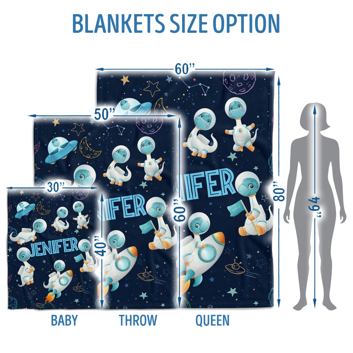 Personalized Baby Blankets for Baby, Astronaut Dinosaur Baby Blankets, 3 Sizes Plush Blankets for Infant Newborn Kids Toddler