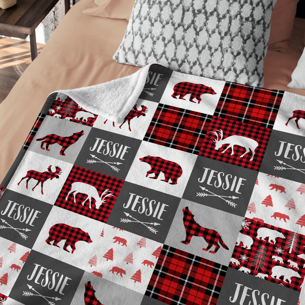 Personalized Baby Blankets for Baby, Red Plaid Custom Baby Blankets Name, Deer Bear Wolf Swaddle Blanket, 3 Sizes Plush Blankets for Baby