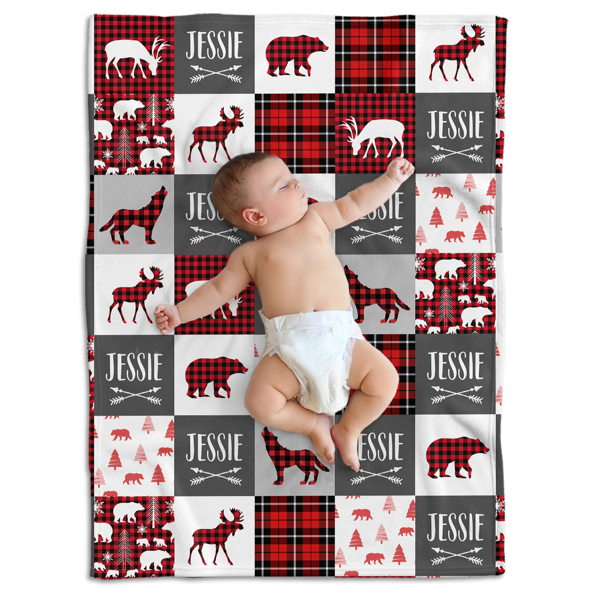 Personalized Baby Blankets for Baby, Red Plaid Custom Baby Blankets Name, Deer Bear Wolf Swaddle Blanket, 3 Sizes Plush Blankets for Baby