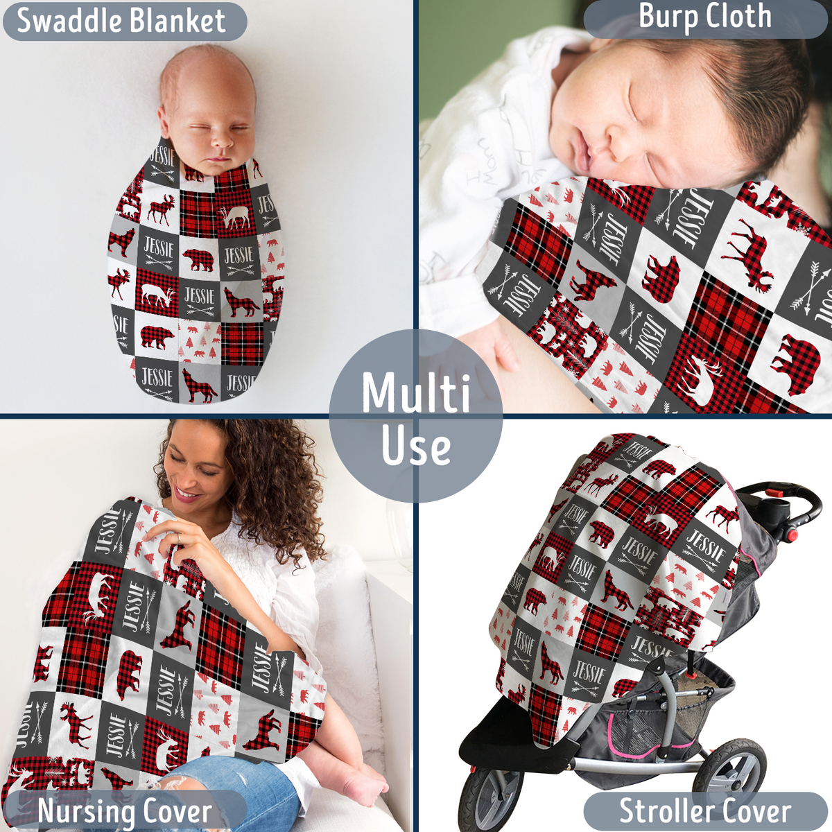Personalized Baby Blankets for Baby, Red Plaid Custom Baby Blankets Name, Deer Bear Wolf Swaddle Blanket, 3 Sizes Plush Blankets for Baby