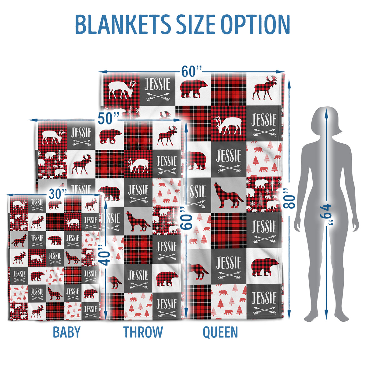Personalized Baby Blankets for Baby, Red Plaid Custom Baby Blankets Name, Deer Bear Wolf Swaddle Blanket, 3 Sizes Plush Blankets for Baby