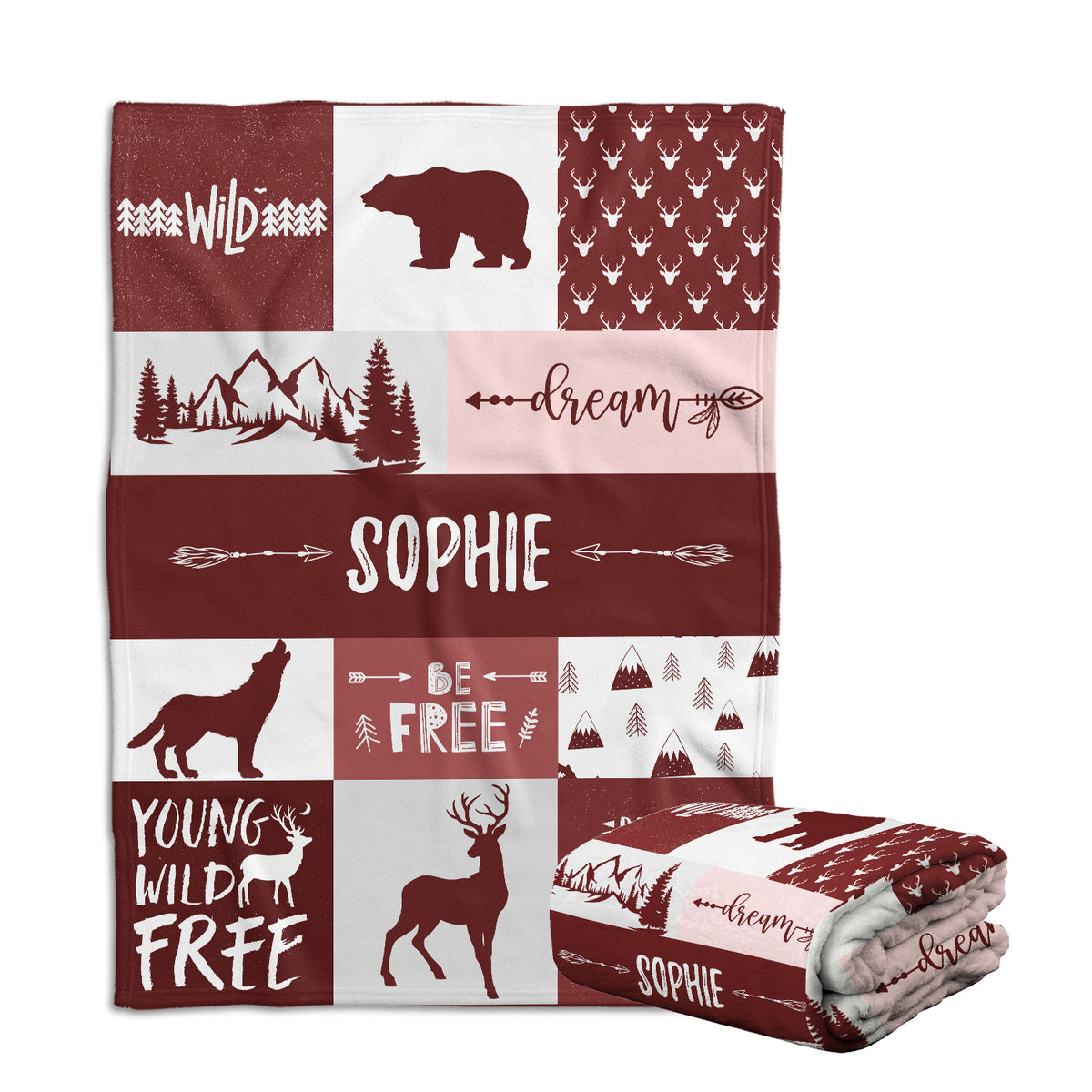 Personalized Baby Blankets for Boys, Baby Woodland Blanket, Red Deer Bear Wolf Swaddle Blanket, 3 Sizes Plush Blankets for Baby Boy Son