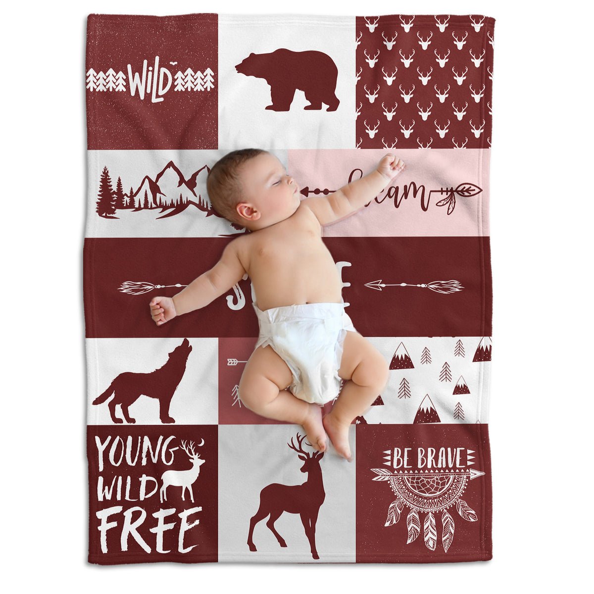 Personalized Baby Blankets for Boys, Baby Woodland Blanket, Red Deer Bear Wolf Swaddle Blanket, 3 Sizes Plush Blankets for Baby Boy Son
