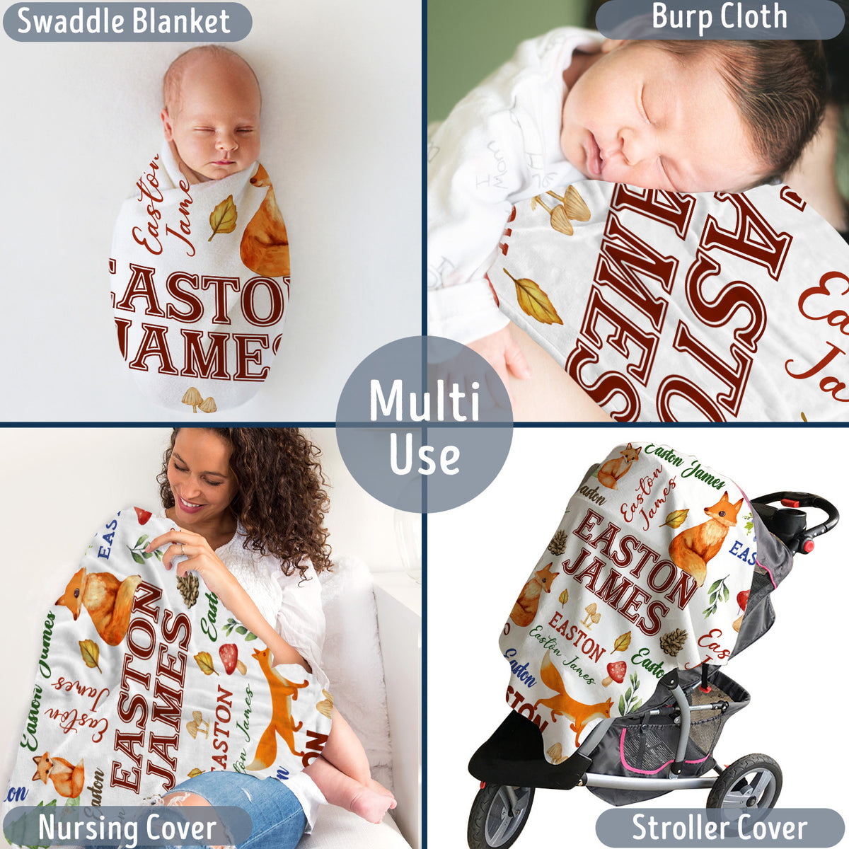 Personalized Baby Blankets for Boys, Baby Woodland Blanket for Toddler Baby Nursery Bed Blankets Stroller Crib Shower Gifts (Fox)