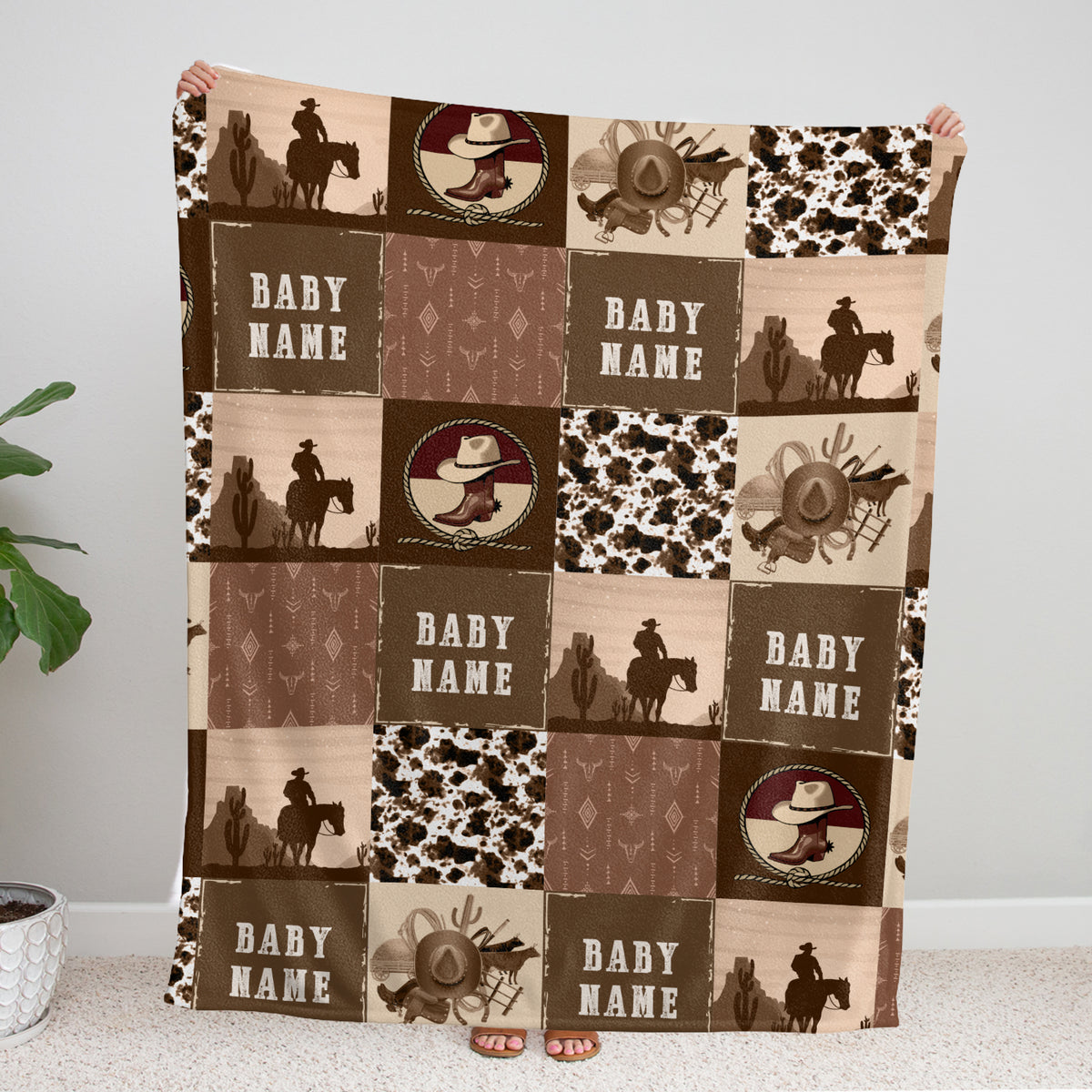 Personalized Baby Blankets for Boys, Brown Cowboy Baby Blankets for Girls, 3 Sizes Fleece Blankets for Infant Newborn Son Daughter