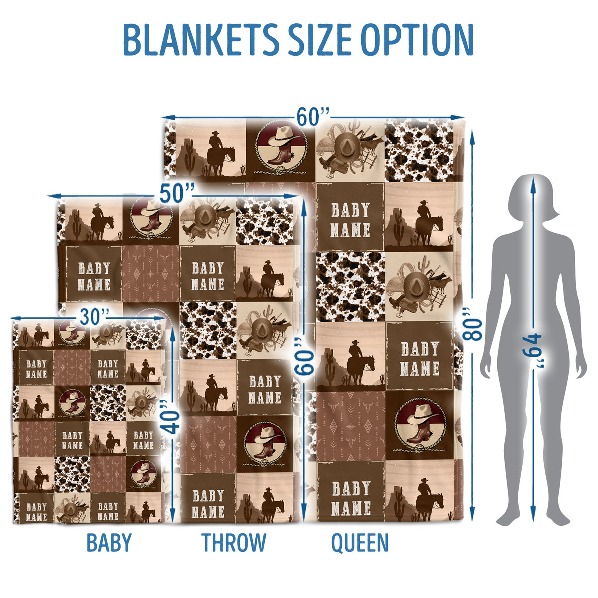 Personalized Baby Blankets for Boys, Brown Cowboy Baby Blankets for Girls, 3 Sizes Fleece Blankets for Infant Newborn Son Daughter