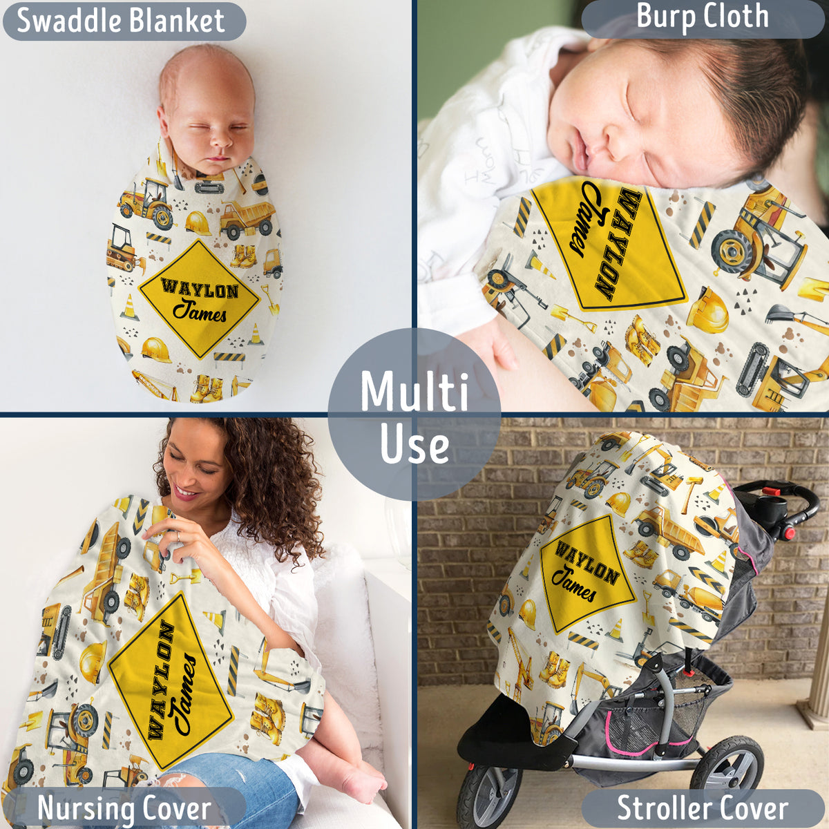 Personalized Baby Blankets for Boys, Construction Dump Truck Baby Blanket, Swaddle Blanket with Trucks for Crib Stroller Travel Bed