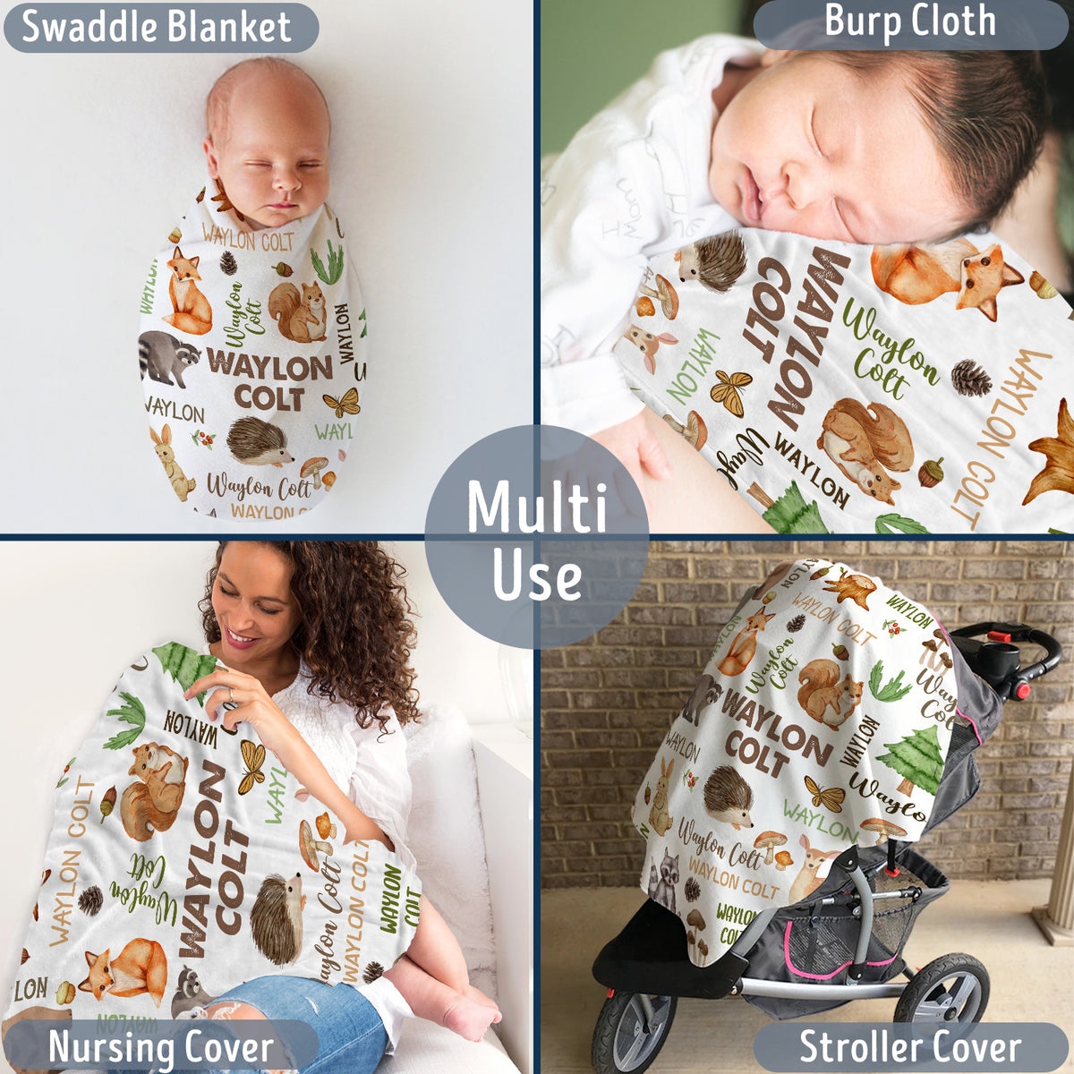 Personalized Baby Blankets for Boys, Custom Name Baby Woodland, Plush Blankets for Baby Boy Son Newborn Infant - 3 Sizes