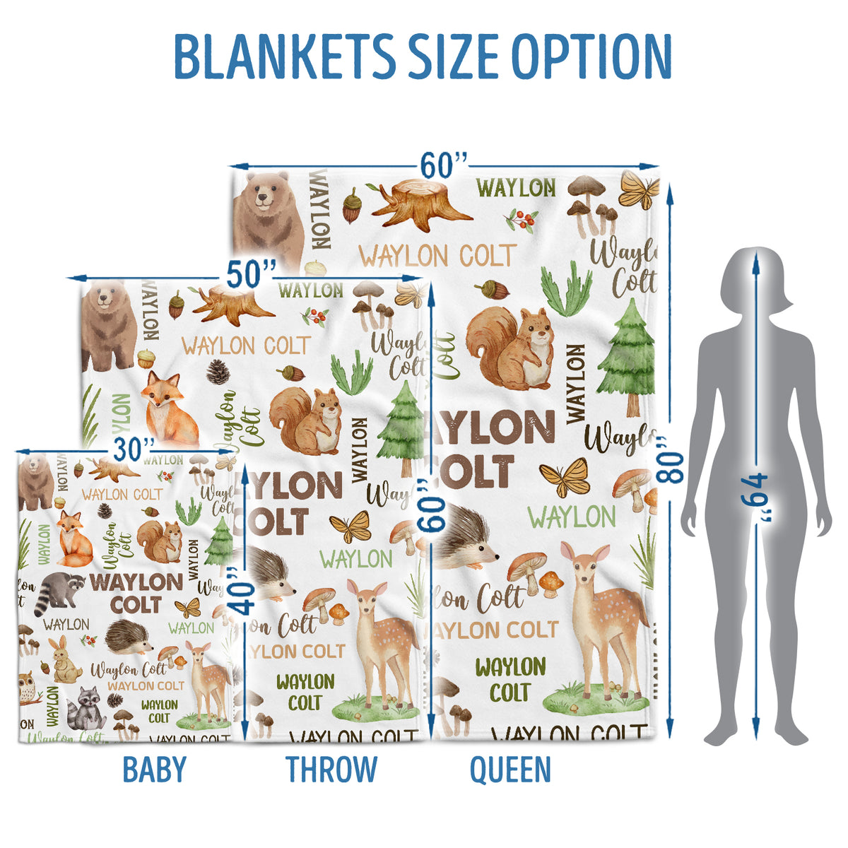 Personalized Baby Blankets for Boys, Custom Name Baby Woodland, Plush Blankets for Baby Boy Son Newborn Infant - 3 Sizes