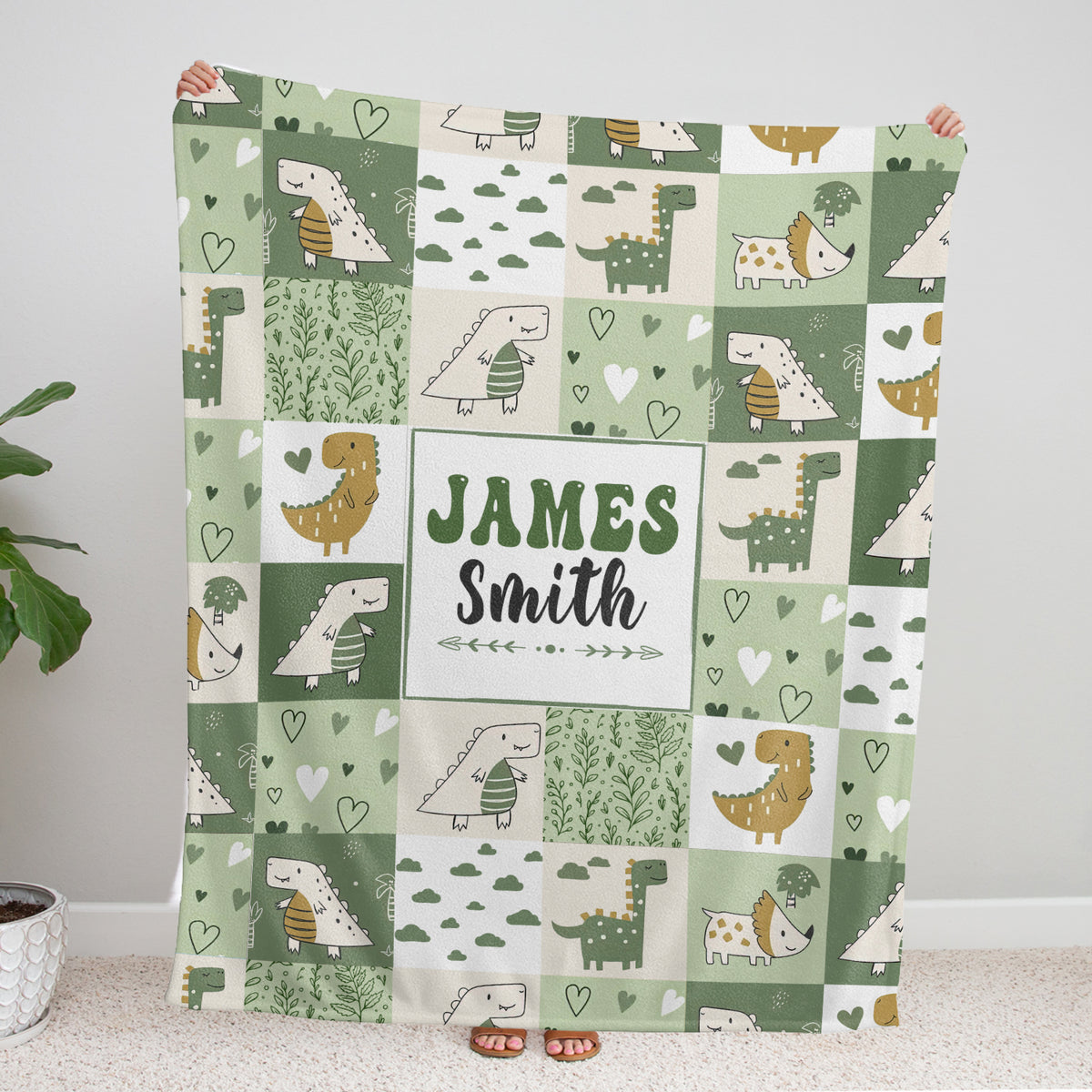 Personalized Baby Blankets for Boys, Dinosaur Baby Blanket Custom Name,  Green Swaddle Blanket, 3 Sizes Plush Blankets for Baby Boy Son Newborn Infant