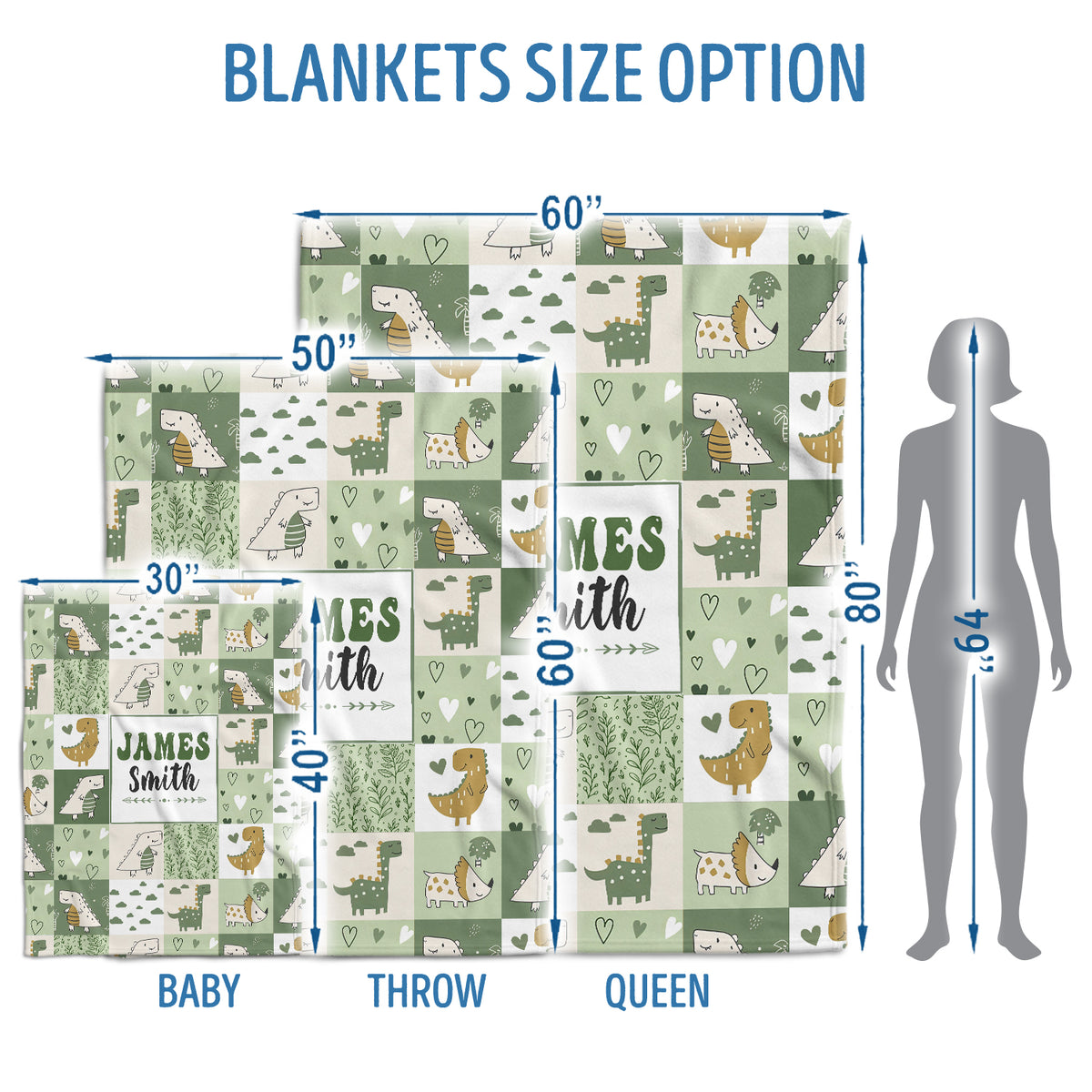 Personalized Baby Blankets for Boys, Dinosaur Baby Blanket Custom Name,  Green Swaddle Blanket, 3 Sizes Plush Blankets for Baby Boy Son Newborn Infant