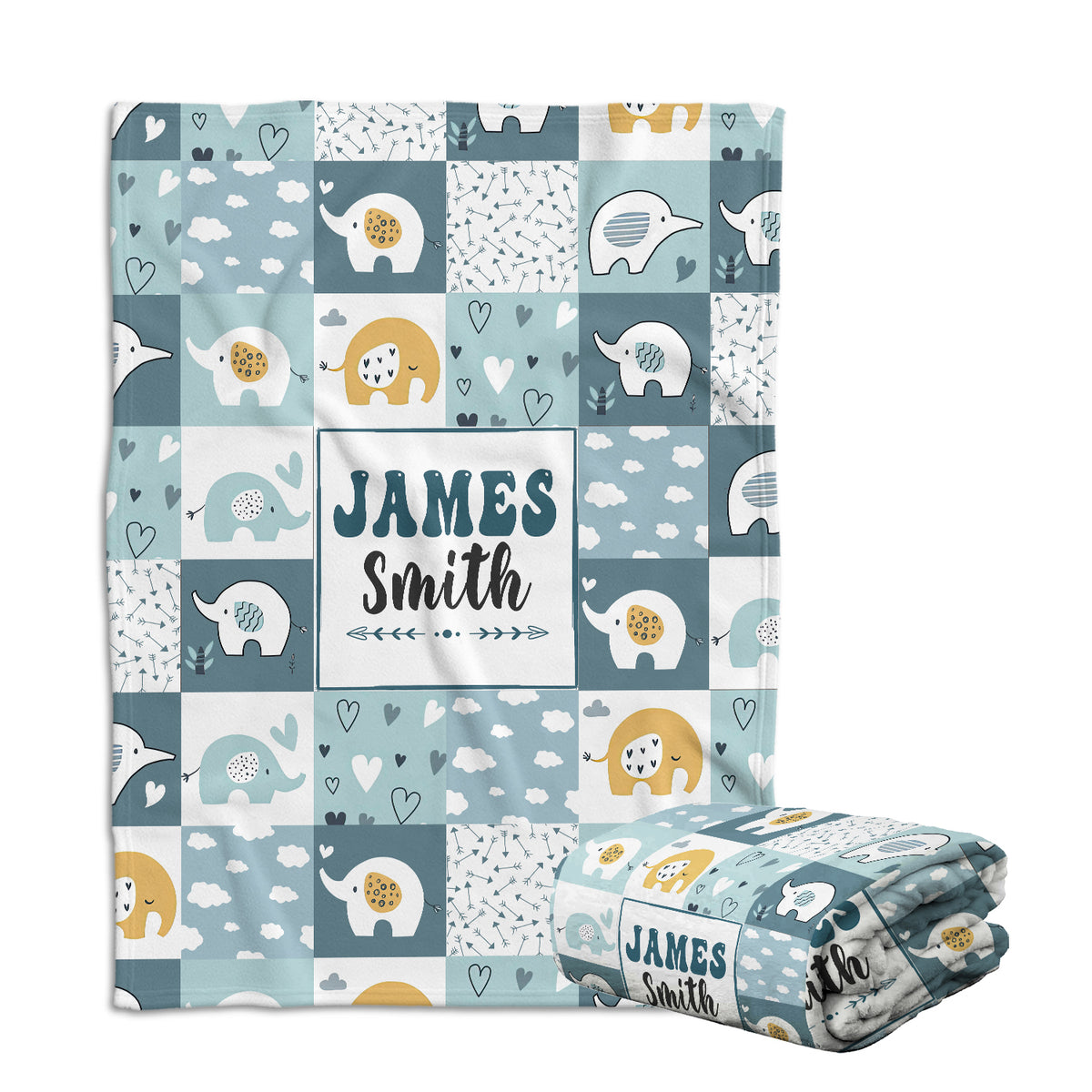 Personalized Baby Blankets for Boys, Elephant Baby Blanket Name, Blue Swaddle Blanket, 3 Sizes Plush Blankets for Baby Boy Son Newborn Infant