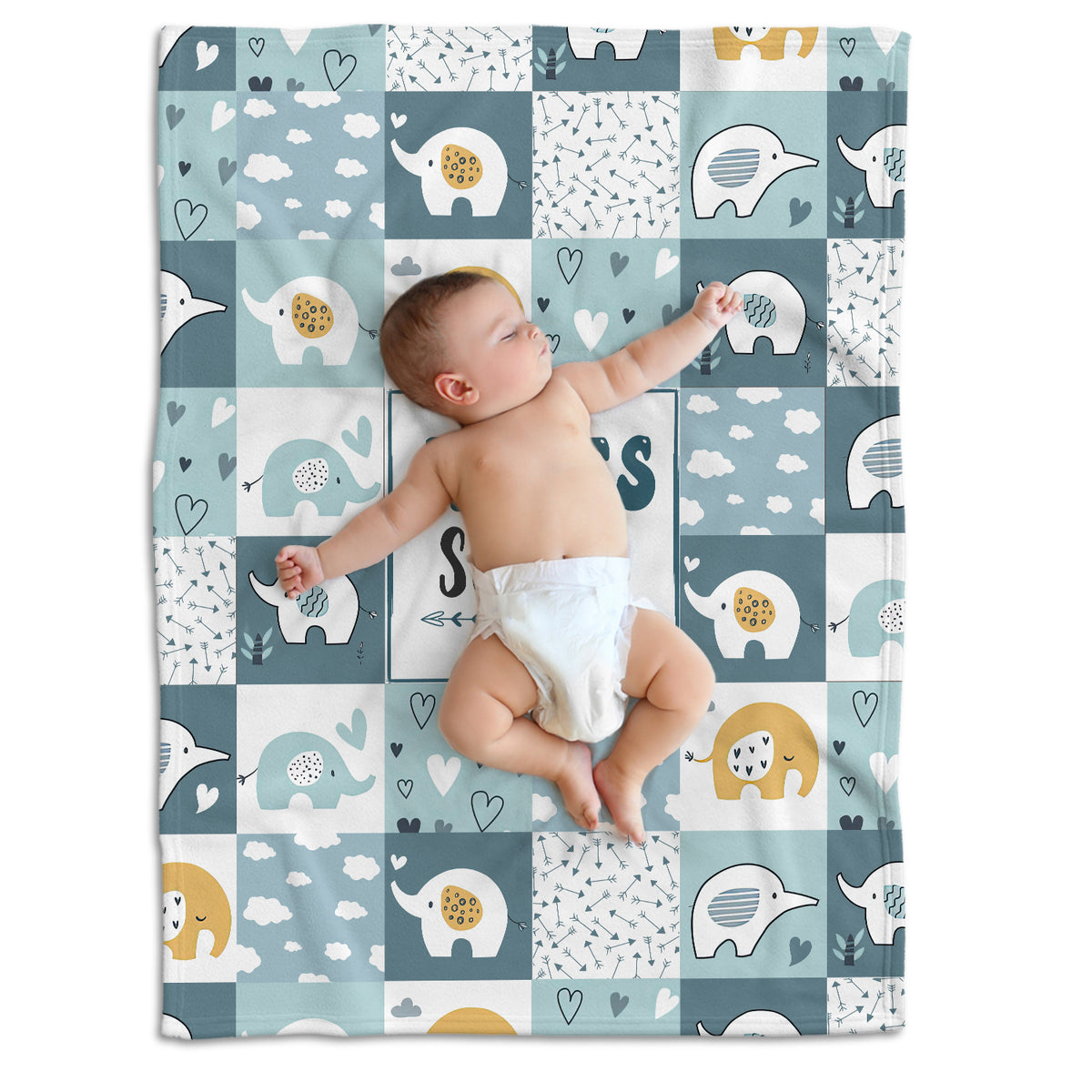 Personalized Baby Blankets for Boys, Elephant Baby Blanket Name, Blue Swaddle Blanket, 3 Sizes Plush Blankets for Baby Boy Son Newborn Infant