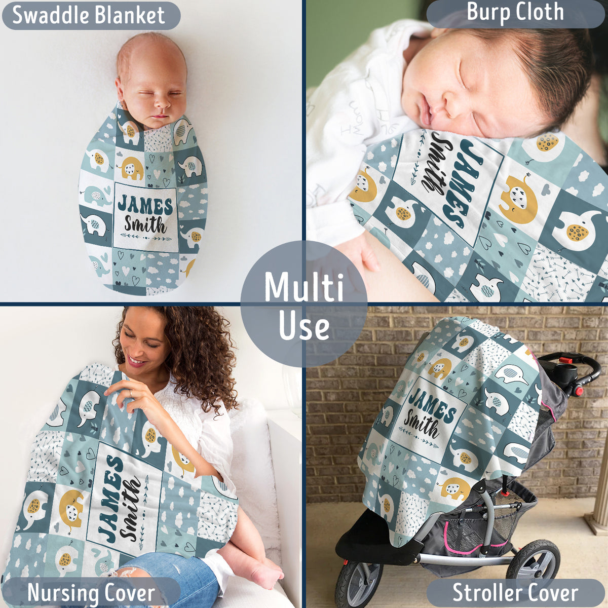 Personalized Baby Blankets for Boys, Elephant Baby Blanket Name, Blue Swaddle Blanket, 3 Sizes Plush Blankets for Baby Boy Son Newborn Infant