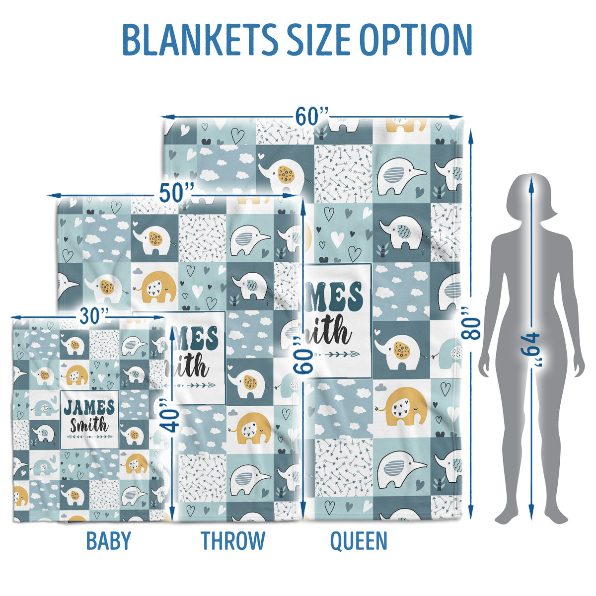 Personalized Baby Blankets for Boys, Elephant Baby Blanket Name, Blue Swaddle Blanket, 3 Sizes Plush Blankets for Baby Boy Son Newborn Infant